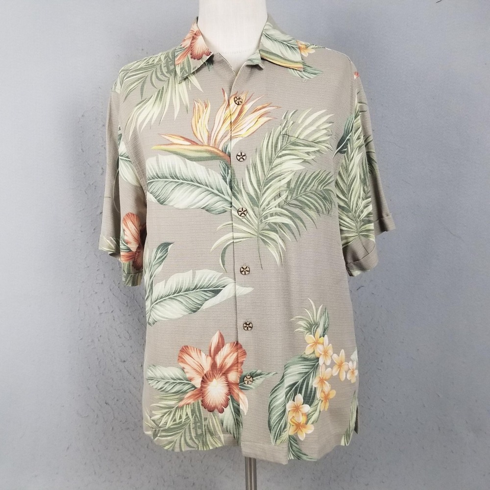 Jamaica Jaxx Shirt Mens Medium Tan Floral Silk Hawaiian Aloha Camp Button Front